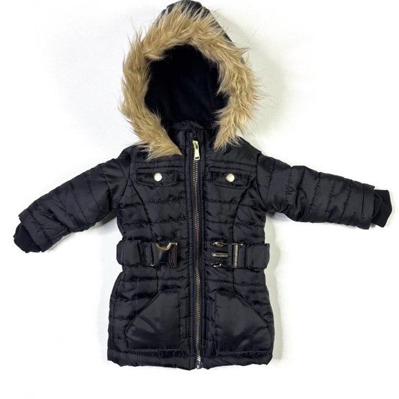 Kids Black Winter Coat with Faux Fur Hood - Picture 1 of 11